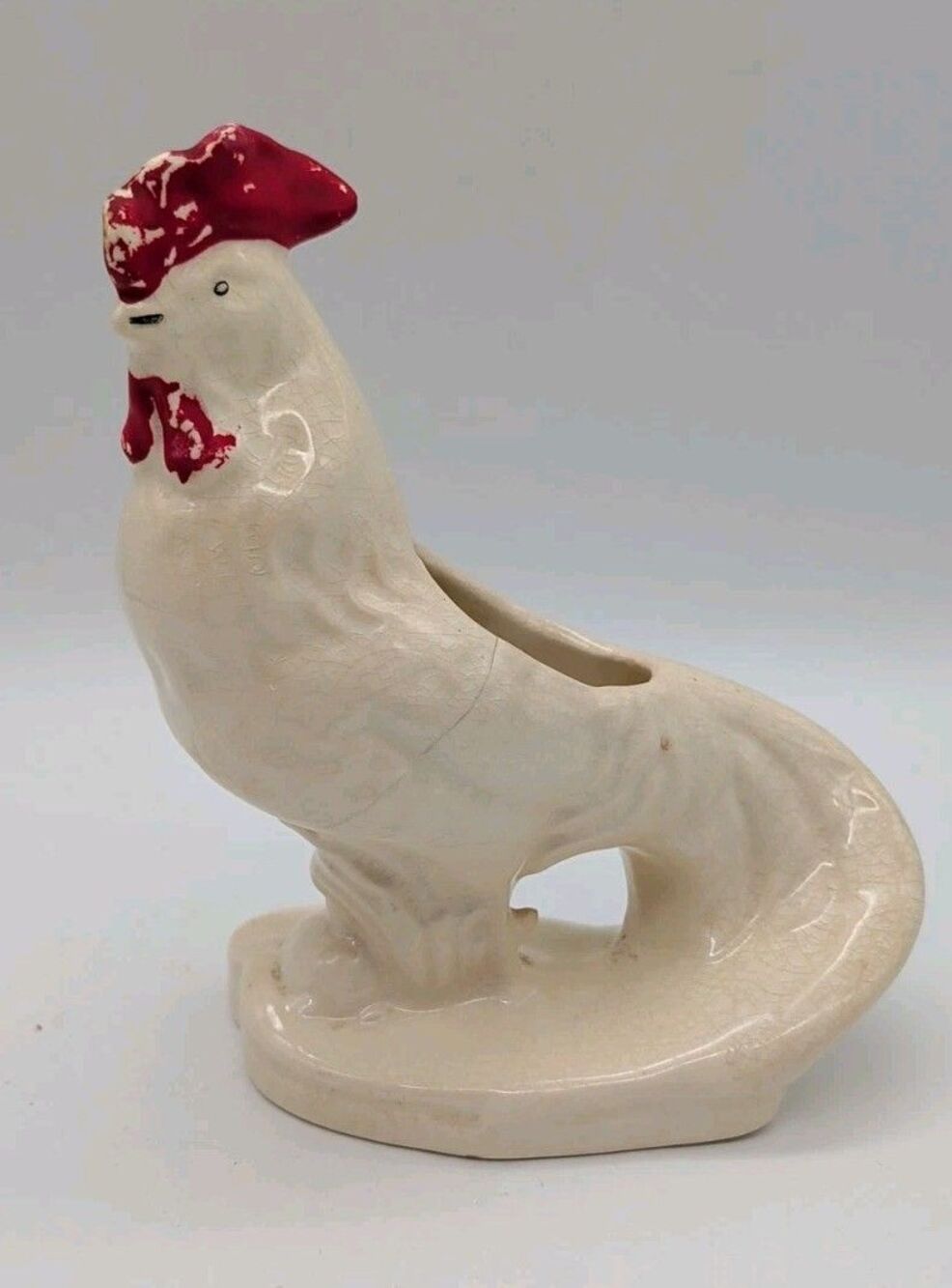 Vintage 1950s Farmhouse Rooster Planter with Red Comb & Wattles Cream Color Body